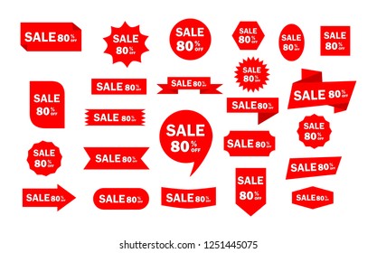 Set of red sale icon banners in different shapes. shop product tags. 80% off discount sticker vector. 