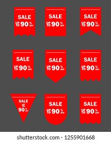 Set of red sale icon banners in different shapes. shop product tags. 90% off discount sticker vector. 