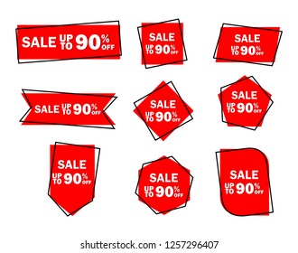 Set of red sale icon banners in different shapes. shop product tags. 90% off discount sticker vector. 