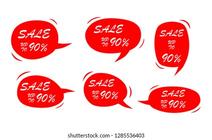 Set of red sale icon banners in different shapes. shop product tags. 90% off discount sticker vector. 