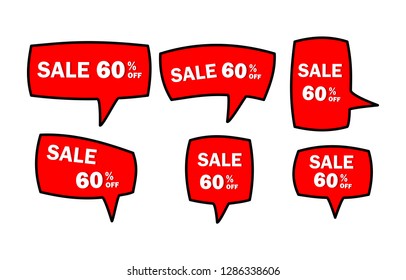 Set of red sale icon banners in different shapes. shop product tags. 60% off discount sticker vector. 