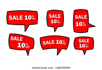 Set of red sale icon banners in different shapes. shop product tags. 10% off discount sticker vector. 