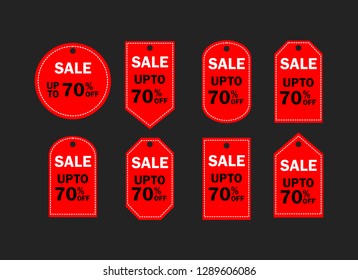 Set of red sale icon banners in different shapes. shop product tags. 70% off discount sticker vector. 