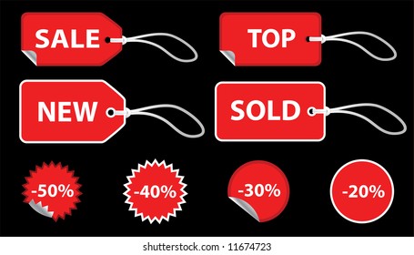 Set of red sale price tags. The text can be easily modified. See my portfolio for more stickers.