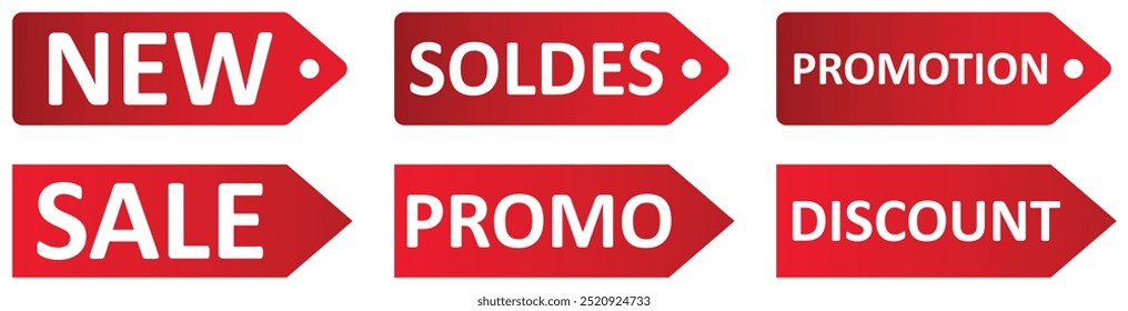 Set of red sale quality tags and labels isolated. Shopping stickers and badges. Discount sticker product tag set. Special offer, soldes, new, sale, discount, Promo.