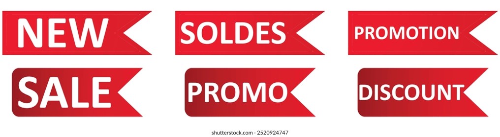 Set of red sale quality tags and labels isolated. Shopping stickers and badges. Discount sticker product tag set. Special offer, soldes, new, sale, discount, Promo.