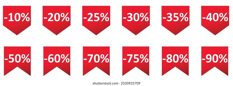 Set of red sale quality tags and labels isolated. Shopping stickers and badges. Discount sticker product tag set from 10 to 90 percent off. Special offer, new, sale, discount, Promo.
