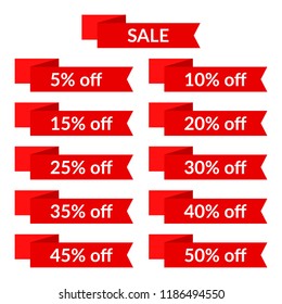 Set of red sale ribbons with different discount values. Sale label template. Vector illustration
