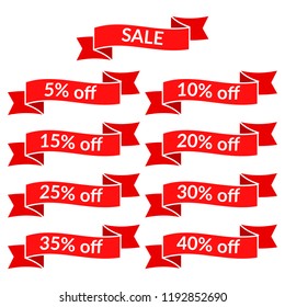 Set of red sale ribbons with different discount values. Sale label template. Vector illustration
