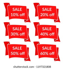 Set of red sale ribbons with different discount values. Sale label template. Vector illustration
