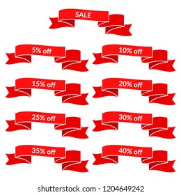Set of red sale ribbons with different discount values. Sale label template. Vector illustration
