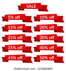 Set of red sale ribbons with different discount values. Sale label template. Vector illustration
