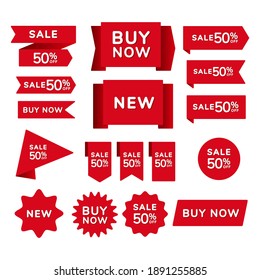 Set of red sale shopping ribbons, badges and banners with the inscription sale, buy now, new on a red background. Vector illustration