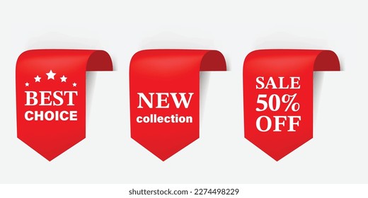 Set of Red sale tag ribbon banner for promotion shopping. Red ribbon for sale and discount offer.