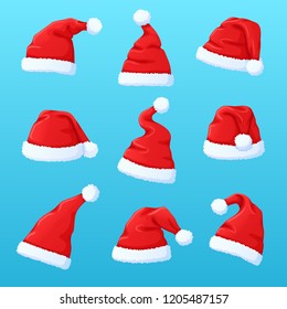 Set of red Santa Claus hat, New Year cap. Red hat with white pompon. Christmas clothes, holiday symbol. Vector illustration in flat style.