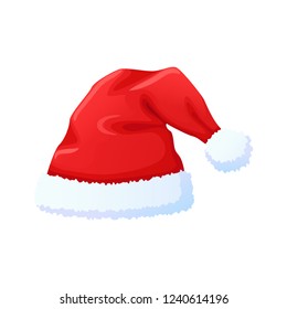 Set of red Santa Claus hat, New Year cap. Red hat with white pompon. Christmas clothes, holiday symbol. Vector illustration in flat style.