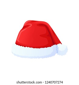 Set of red Santa Claus hat, New Year cap. Red hat with white pompon. Christmas clothes, holiday symbol. Vector illustration in flat style.