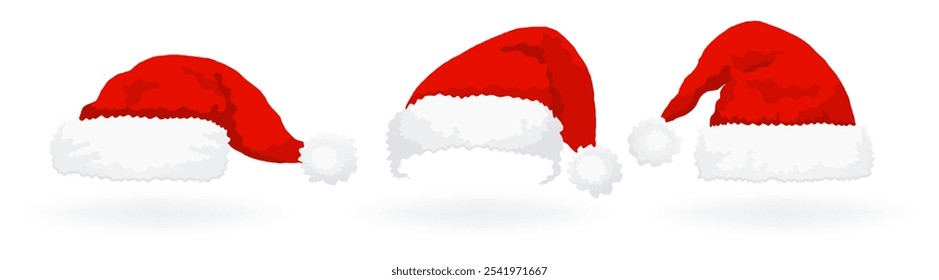 Set Red Santa Claus hat with fluffy white trim and pom pom on a white background. New Year Christmas