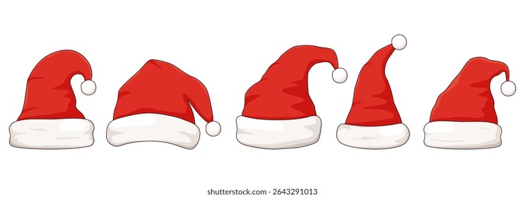 Set of red Santa Claus hat icons. Christmas holiday headwear in. Festive vector illustration for winter decor, cards, packaging, and seasonal projects.