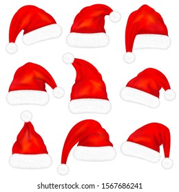 Set of red santa claus hats with fur isolated on white background. Vector illustration