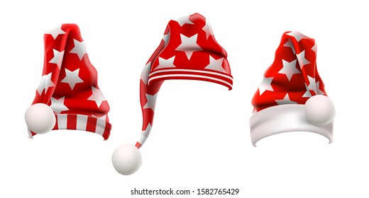 Set red Santa Claus hats with Stars on white background. Vector illustration.
