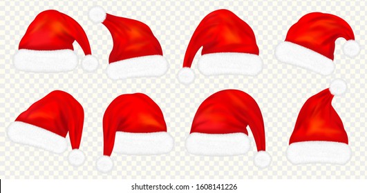 Set of red santa claus hats with fur isolated on transparent background. Vector illustration