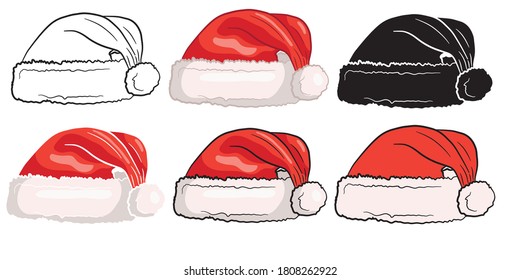 Set of red Santa Claus hats in isolate on a white background. Santa Christmas hat decoration. Vector illustration.