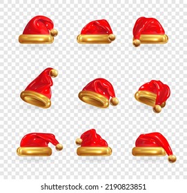 Set of Red Santa Claus Hats. Vector render 3d realistic illustration.