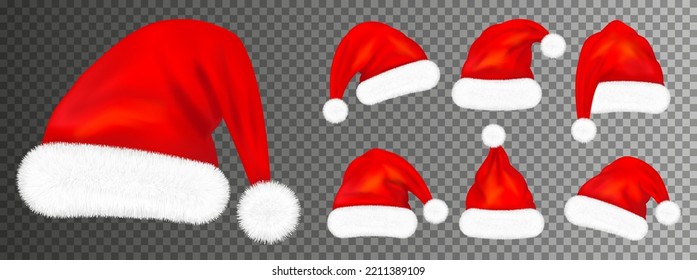 Juego de sombreros de santa claus rojos con piel aislada en un fondo transparente. Ilustración del vector
