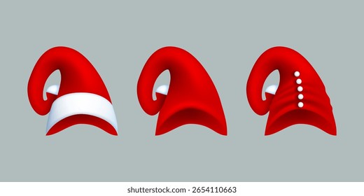 Set of red Santa Claus hats. Isolated Vector objects. Christmas icons