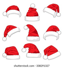 Set of red Santa Claus hats isolated on white background illustration