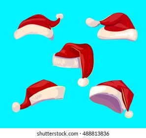 Set of red Santa Claus hats isolated. Vector cartoon objects for Christmas design. Santa hats icons.