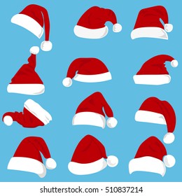 Set of red Santa Claus hats isolated on white background. 