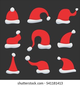 Set of Red Santa Claus Hats on black background. Winter Merry christmas and new year celebration vector illustration.