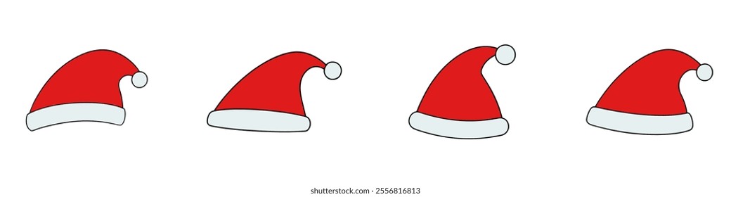 Set of red Santa hat icons. Merry Christmas cute element. Noel hat sign. Vector illustration