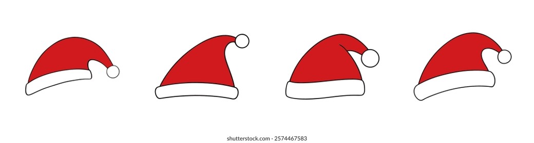 Set of red Santa hat icons. Merry Christmas cute element. Noel hat sign. Vector illustration