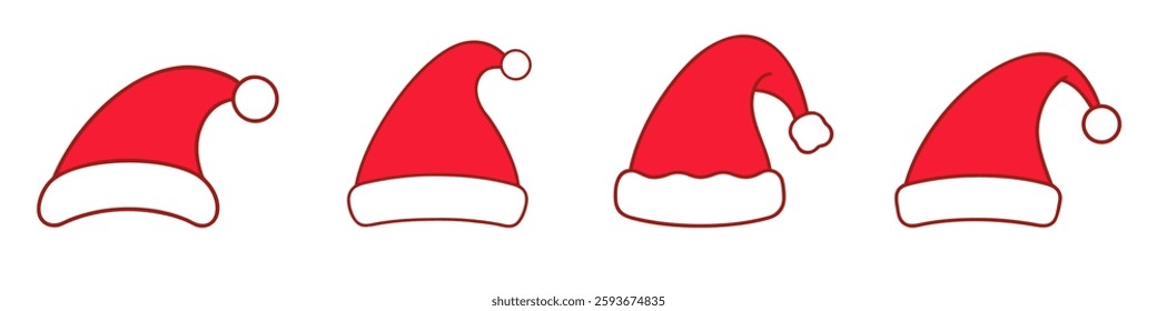 Set of red Santa hat icons. Merry Christmas cute element. Noel hat sign. Vector illustration