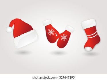 Set of red santa hat, mittens and boot. Vector.