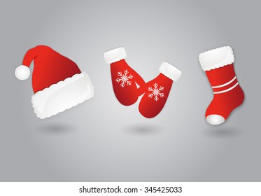 Set of red santa hat, mittens and boot. Vector.