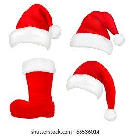 Set of  red santa hats and boot. Vector.