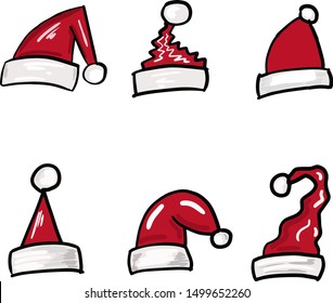 Set of red santa hats . Cartoon style. Vector illustration.