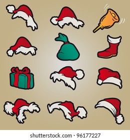 set of red santa hats and clothing and christmas icons