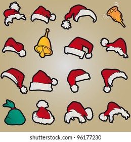 set of red santa hats and clothing and christmas icons