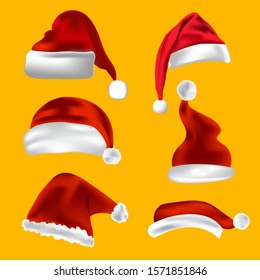 set of red Santa hats isolated, Christmas elements for your festive design. Vector 