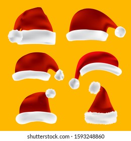 set of red Santa hats isolated, Christmas elements for your festive design. Vector 