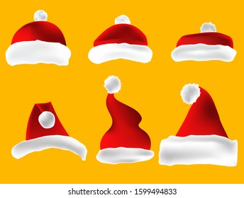 set of red Santa hats isolated, Christmas elements for your festive design. Vector 