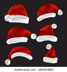Set von roten Weihnachtsmützen einzeln, Weihnachtselemente für Ihr festliches Design. Vektorgrafik 