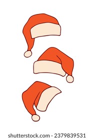 set of red Santa hats isolated on white background. Winter, New Year, Christmas. Santa's clothes. Festive cap. Vector illustration