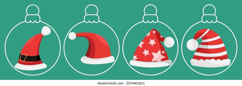 Set of red santa red hats. Vector christmas illustration. santa clause and happy new year