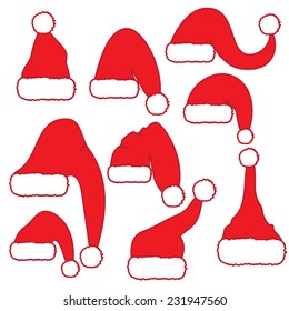 Set of red santa hats. Vector